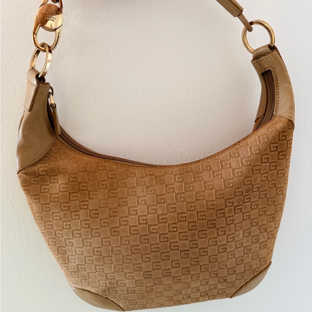 Gucci Beige Suede Shoulder Bag with Gold Hardware